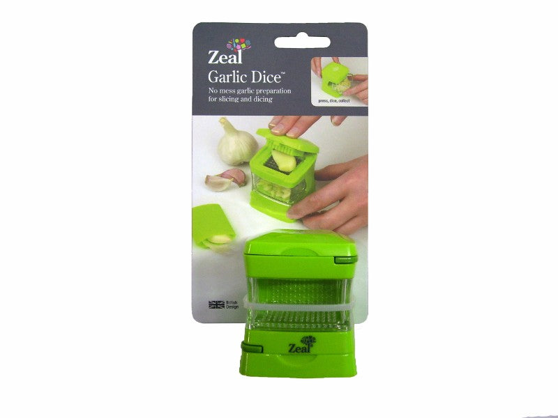 ZEAL Garlic Dicer with interchangeable slicer, silicone peeler, and clear storage bin for quick garlic prep.
