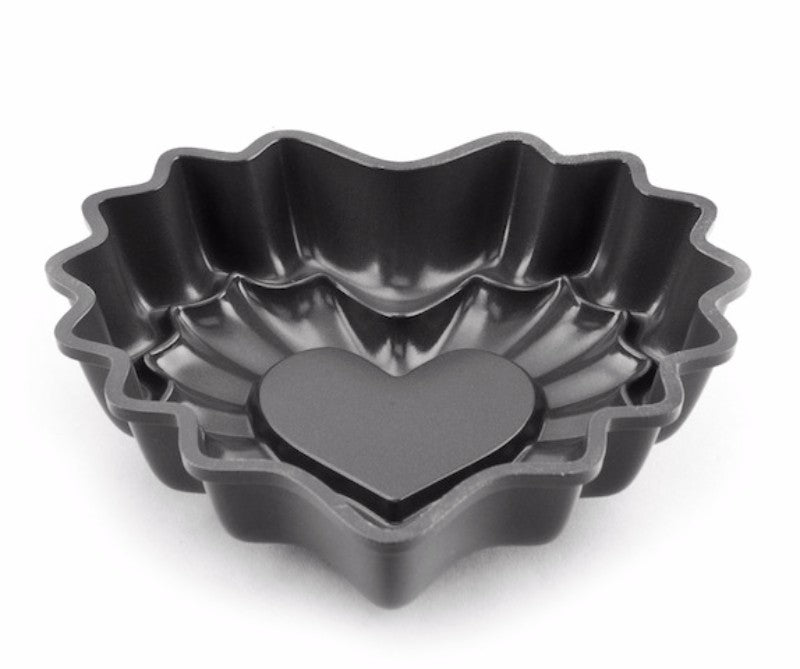 Mini Heart Bundt Pan in heavy aluminum, non-stick, 3-cup capacity for baking charming heart-shaped desserts.