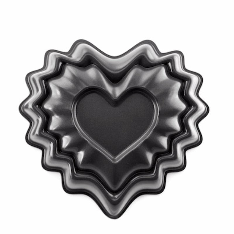 Mini Heart Bundt Pan, 3-cup capacity, non-stick aluminum, perfect for heart-shaped cakes and desserts.