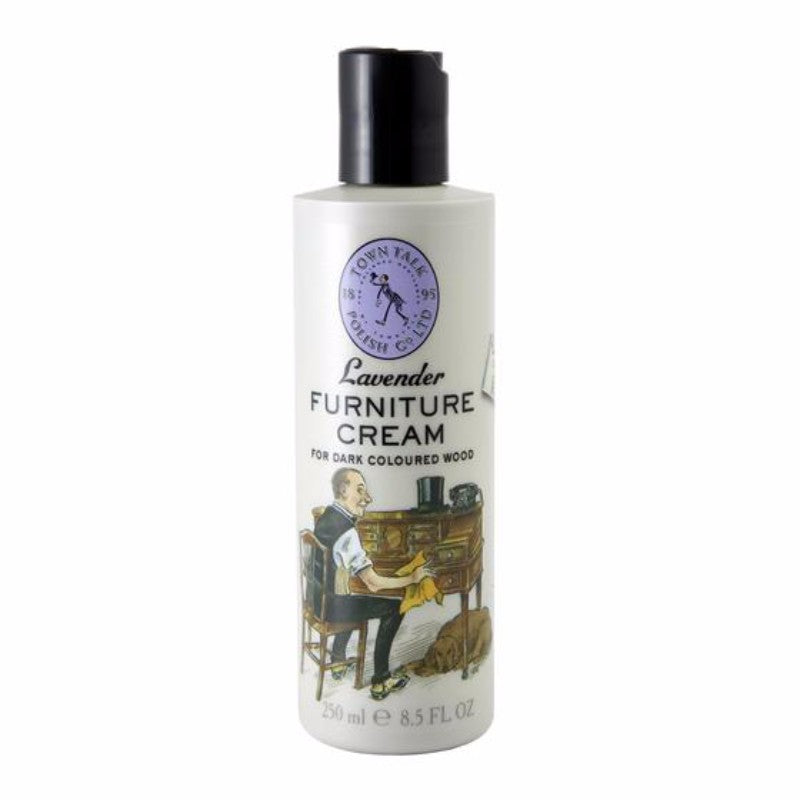 Lavender Dark Wood Furniture Cream in a 250ml bottle, enriching wood surfaces with deep lustre and calming lavender scent.
