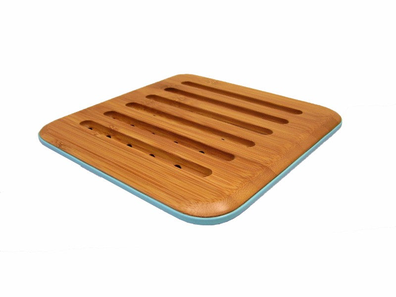 Bamboo trivet with blue trim, 200 x 200mm, eco-friendly, stylish and protects surfaces from hot cookware.