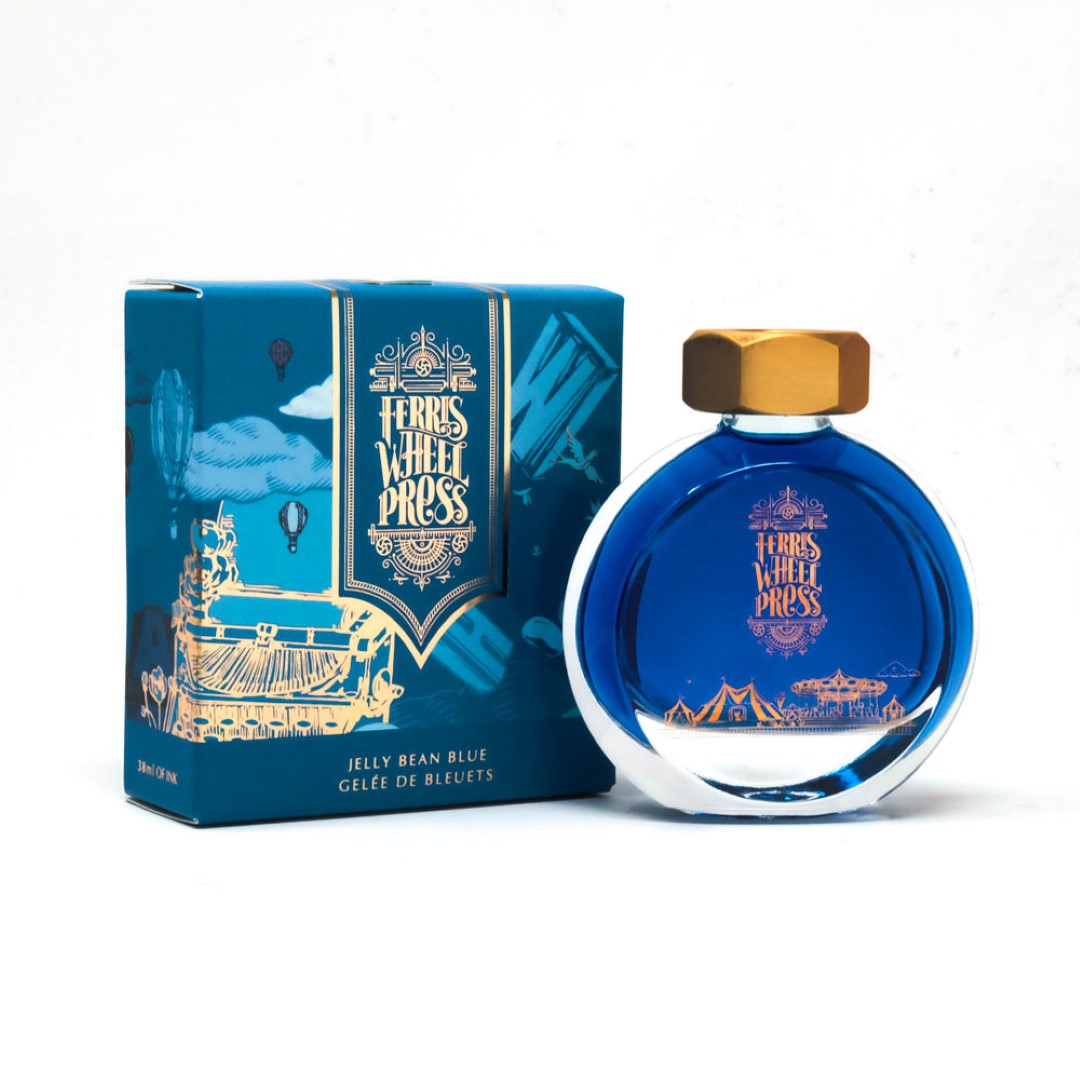 Ferris Wheel Press Jelly Bean Blue fountain pen ink, 38ml, vibrant hue for artistic writing and journaling.