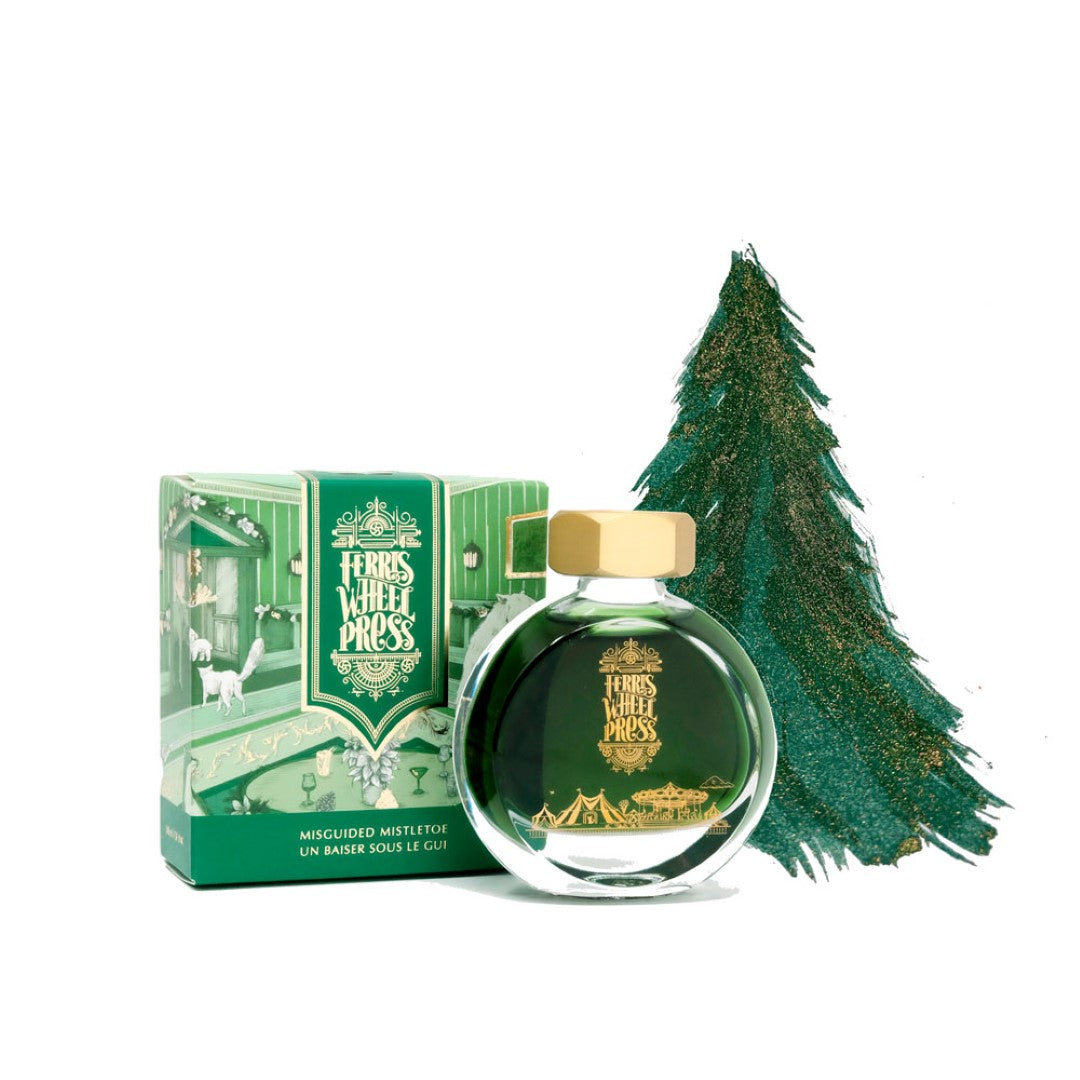 Ferris Wheel Press Misguided Mistletoe fountain pen ink in a 38ml bottle, featuring rich festive green hues and elegant design.