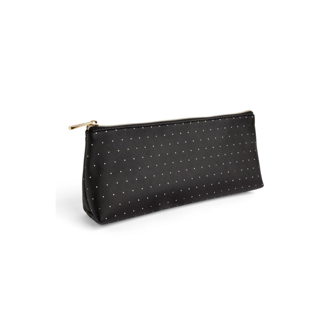 Elegant black and white pencil case with gold accents, perfect for organizing stationery with style.