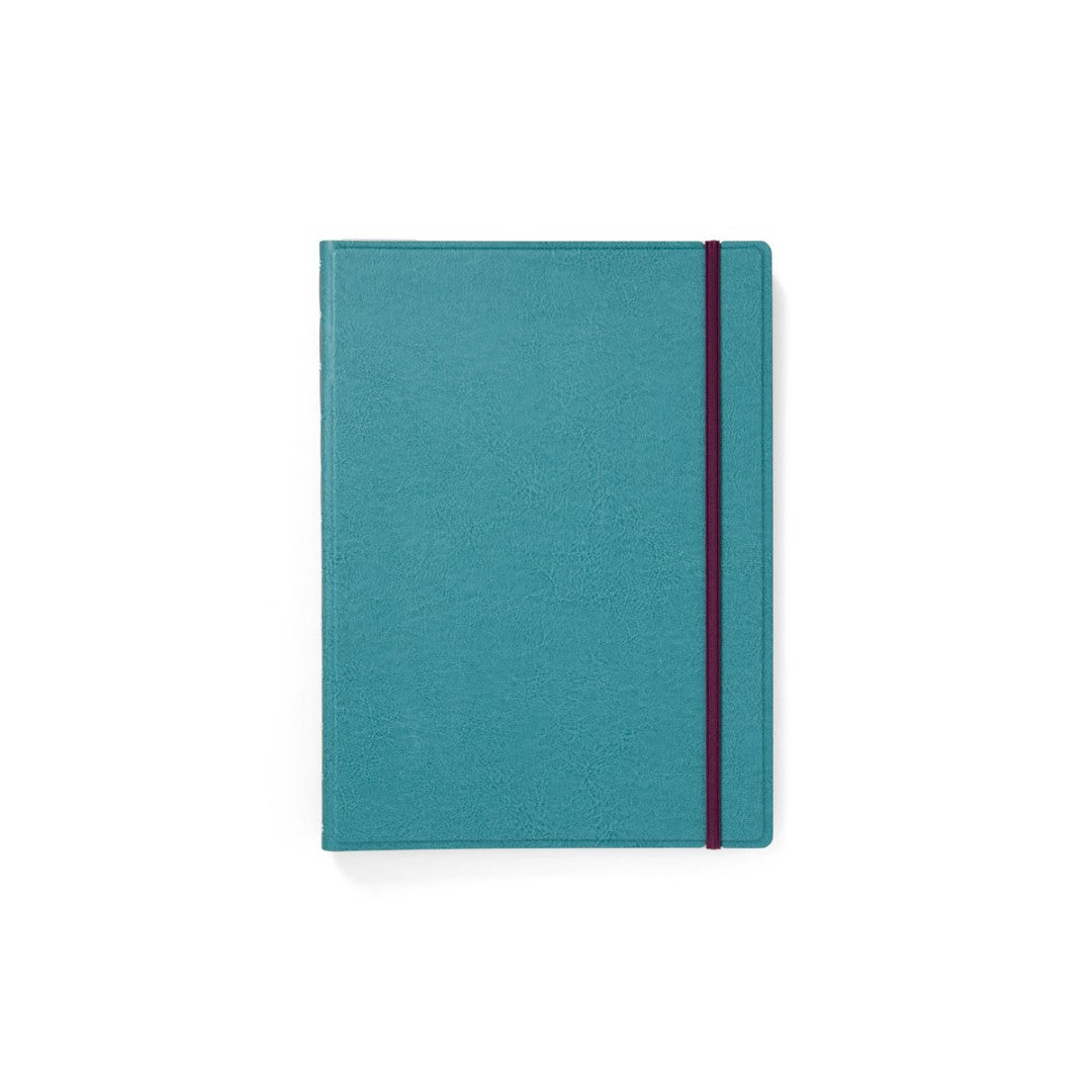 Chic teal refillable A4 notebook with twin-wire binding, 56 ruled pages, and grey dividers for organized note-taking.
