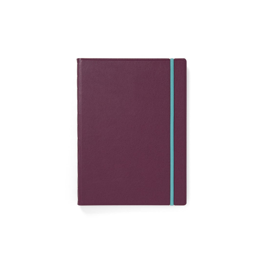 Filofax A4 refillable notebook in Contemporary Plum with lined pages, 4 dividers, and elastic closure for stylish organization.