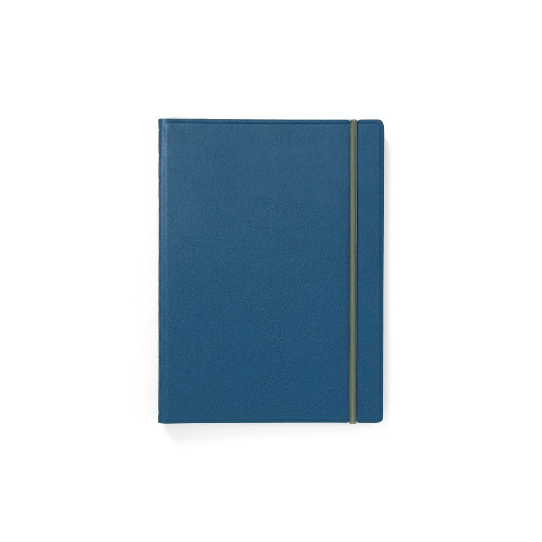 Contemporary blue steel A4 refillable notebook with lined pages, twin-wire binding, and grey dividers for organization.