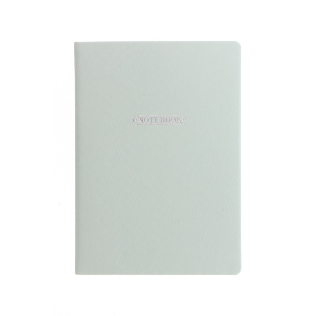 A5 ruled notebook in pastel duck egg with silver foil details, durable sewn binding, and ribbon marker for stylish note-taking.