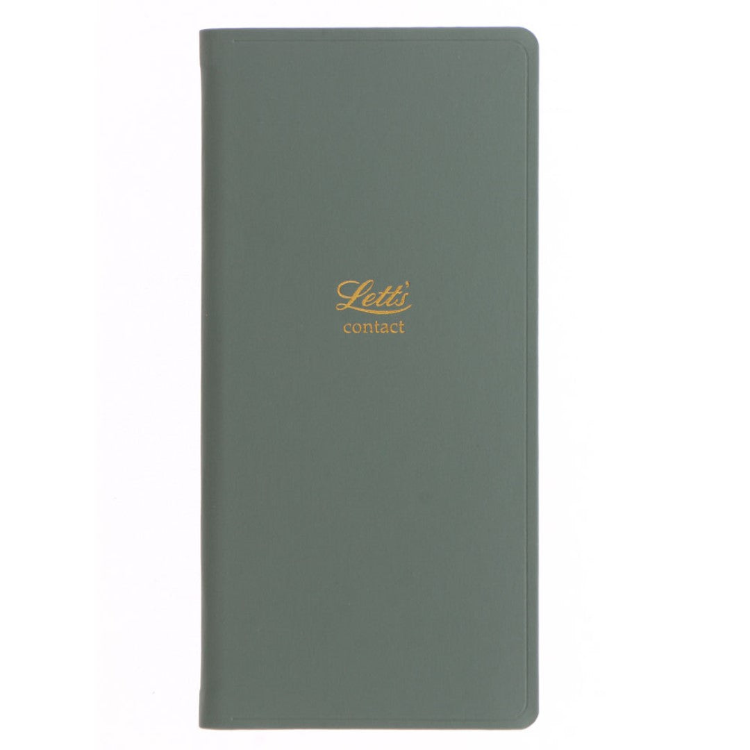 Elegant green slim pocket address book with gold foil design for organizing contacts, featuring durable cream paper and ribbon marker.
