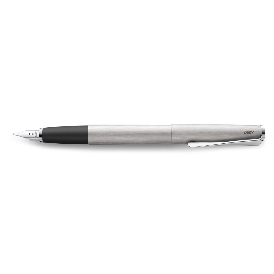 Lamy Studio Fountain Pen in brushed steel with extra fine nib, featuring a chrome propeller clip and smooth writing experience.