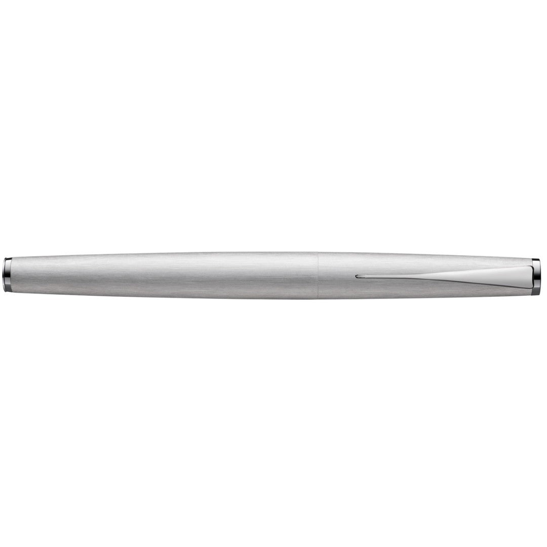 Lamy Studio Fountain Pen in brushed steel with extra fine nib, featuring a unique chrome clip and smooth writing experience.