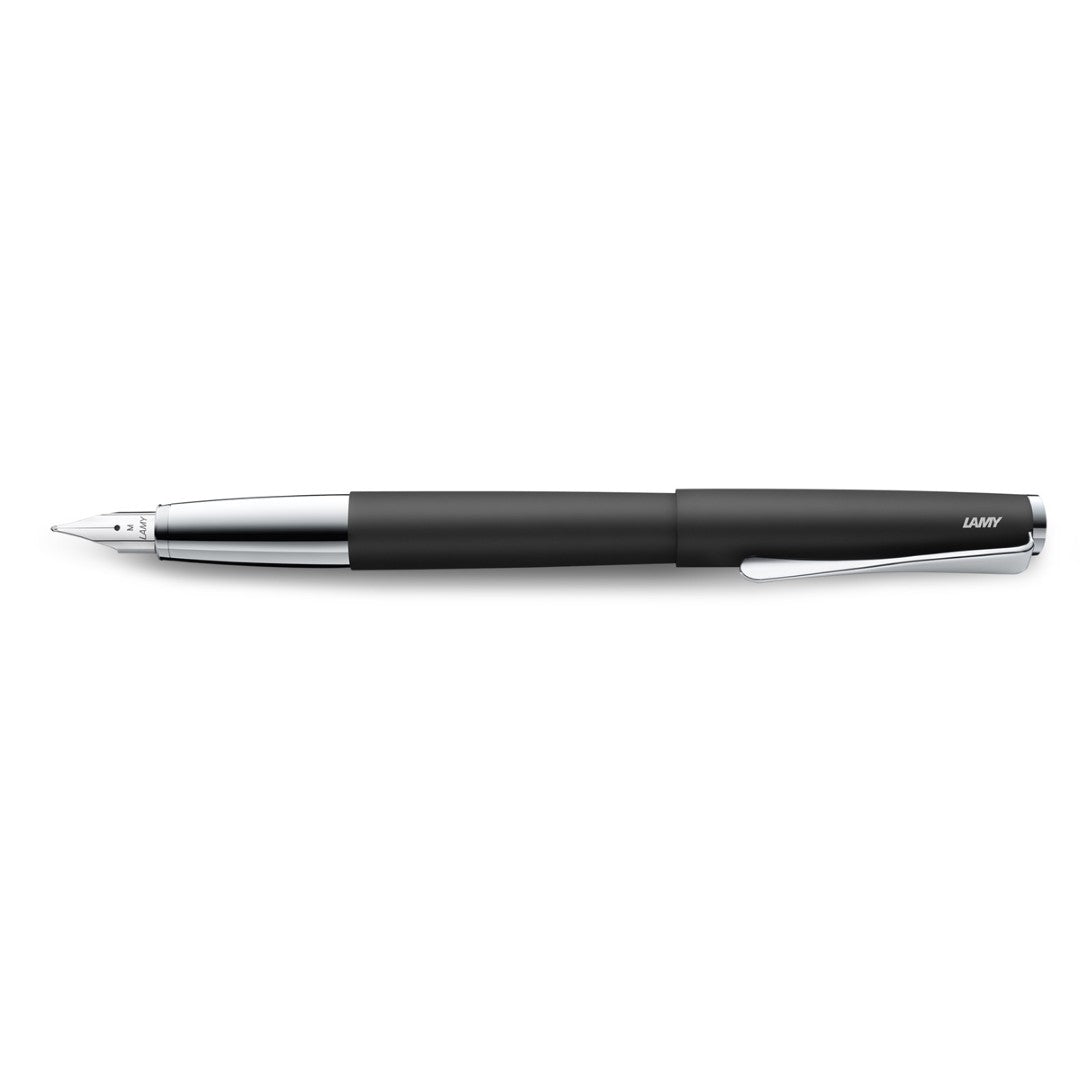 Lamy Studio Fountain Pen in sleek black with fine nib and unique propeller-shaped clip for elegant writing.