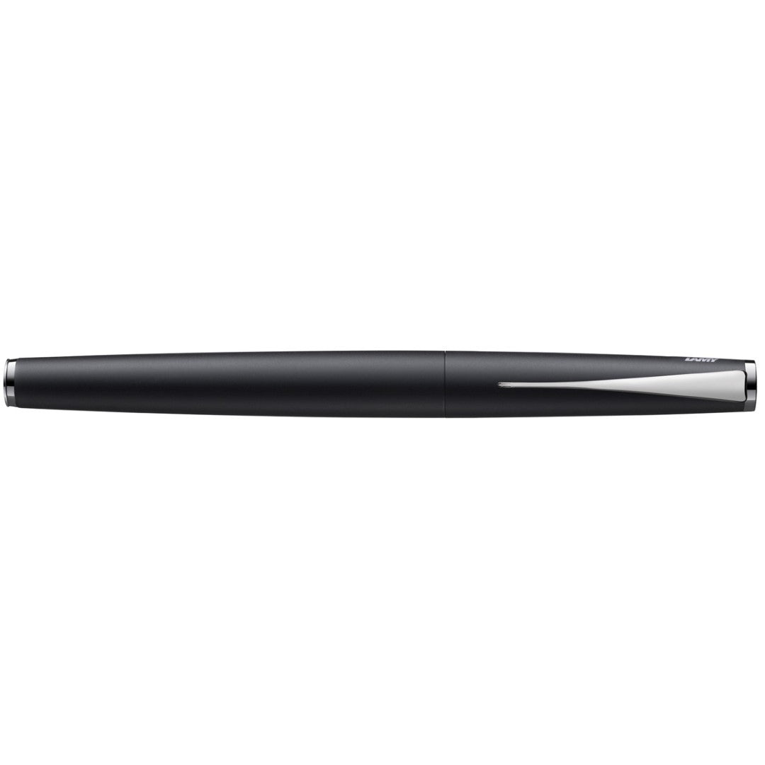 Lamy Studio Fountain Pen in matte black with fine nib, unique design, and chrome propeller clip for elegant writing.
