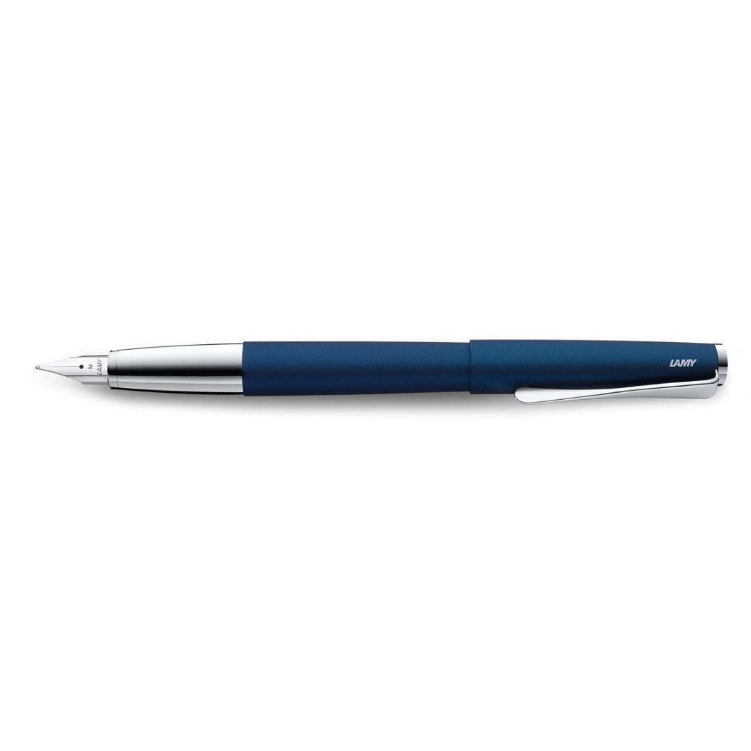 Lamy Studio Fountain Pen in Imperial Blue with fine nib and unique chrome clip, combining elegance and functionality.
