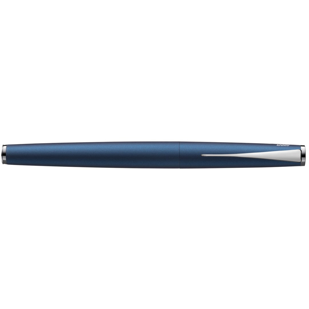 Lamy Studio Fountain Pen in Imperial Blue, featuring a fine nib and sculptural chrome clip for a sophisticated writing experience.