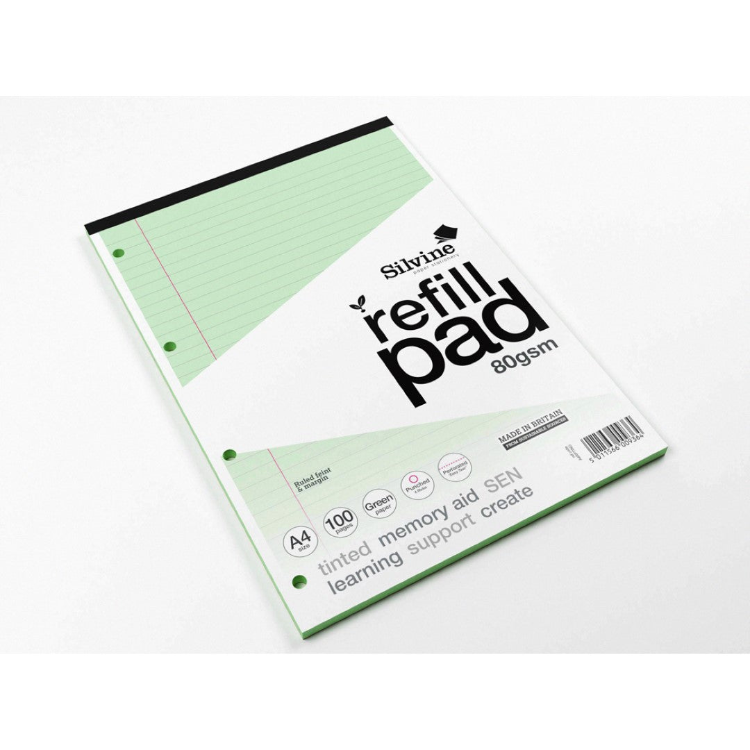Silvine Tinted Refill Pad A4 8mm Lined with Margin 100 Pages Green