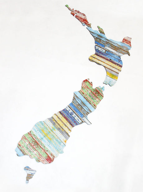 Rustic NZ map wall art in aged timber pattern, durable aluminum composite, ready to hang, ideal for home or office decor.
