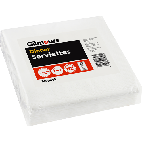 Gilmours 1/4 Fold 2Ply White Dinner Serviettes 400x400mm 50pk