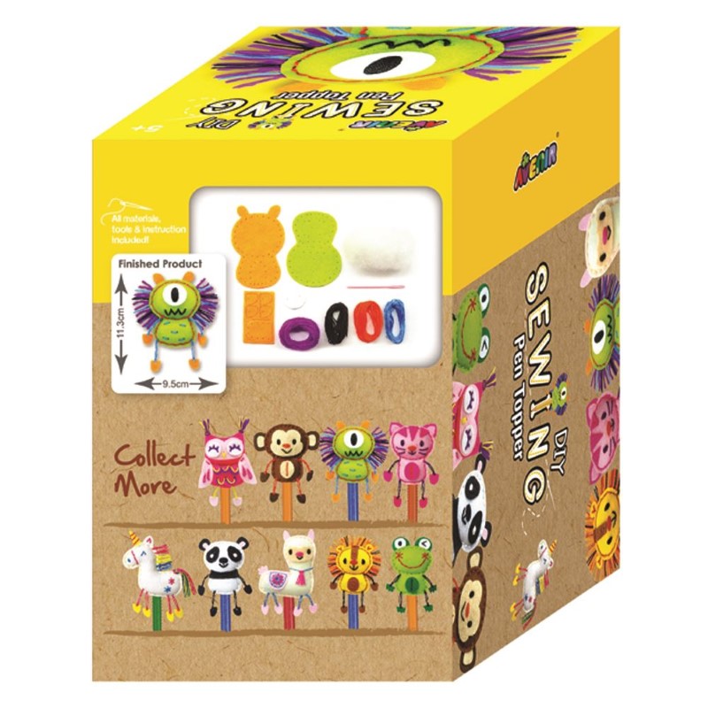 DIY sewing kit for kids to create colorful stuffed monsters with pre-punched felt, threads, and stuffing included.