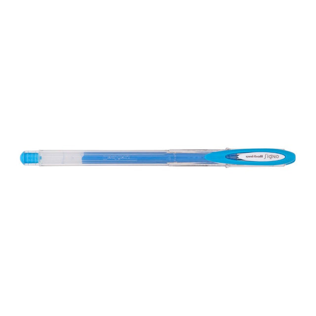 Light blue Uni-ball Signo Fine gel pen with 0.7mm tip, perfect for precise writing and vibrant, fade-resistant ink.