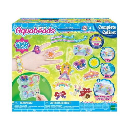 Aquabeads Set - Fairy World with 820 vibrant beads to craft fairies, bunnies, and mushroom houses using water spray technique.