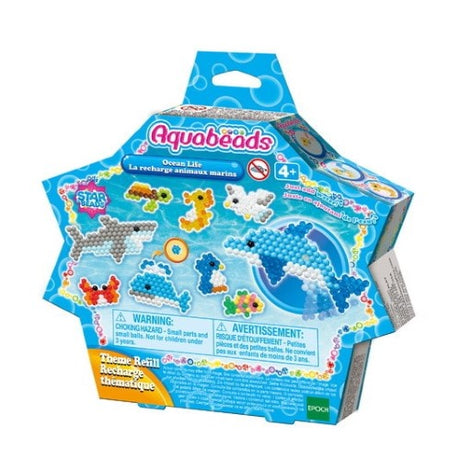 Aquabeads Ocean Life Refill Pack with 600 colorful beads and templates to create sea creatures like dolphins and turtles.