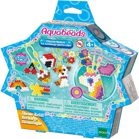 Aquabeads Charm Maker Refill Pack featuring over 480 vibrant beads in 9 colors for creative charm crafting.