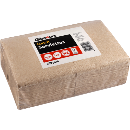 Gilmours 1/4 Fold 1Ply Kraft Lunch Serviettes 300x300mm 200pk