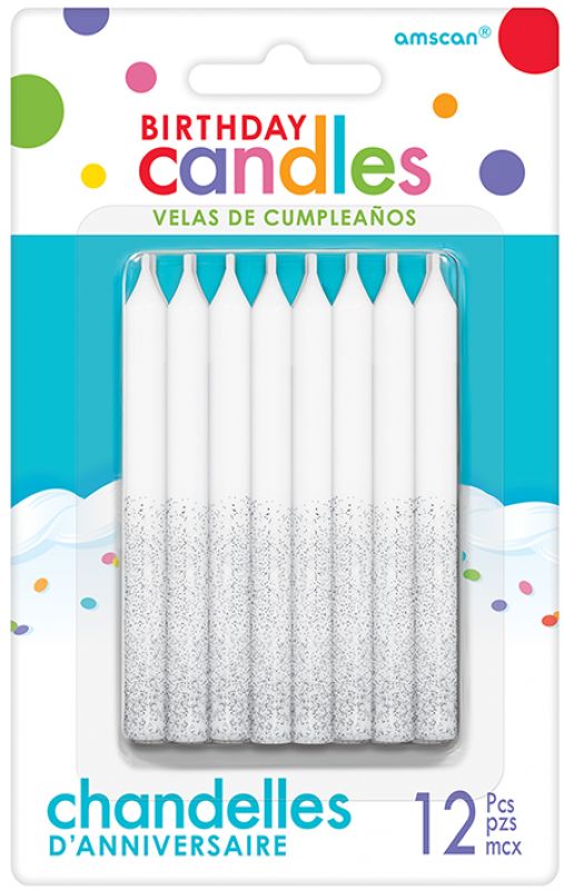 Elegant pack of 12 white candles with silver glitter dip, 8cm tall, perfect for celebrations and decor.