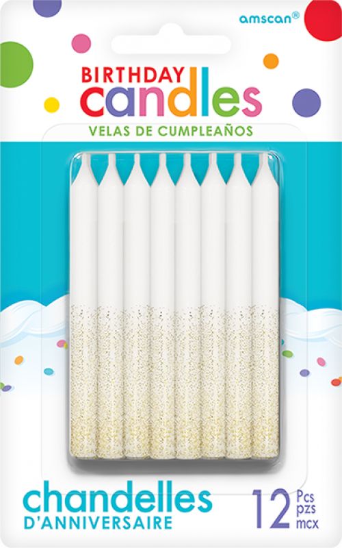 Elegant 8cm white candles with a gold glitter dip, perfect for weddings and home decor, sold in a pack of 12.