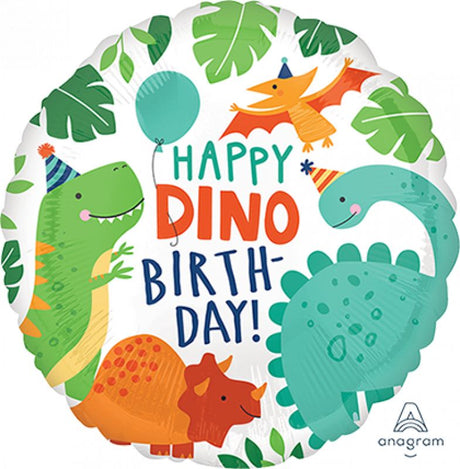 Vibrant 45cm foil balloon featuring cheerful dinosaurs for a fun birthday celebration. Perfect for dinosaur-themed parties!