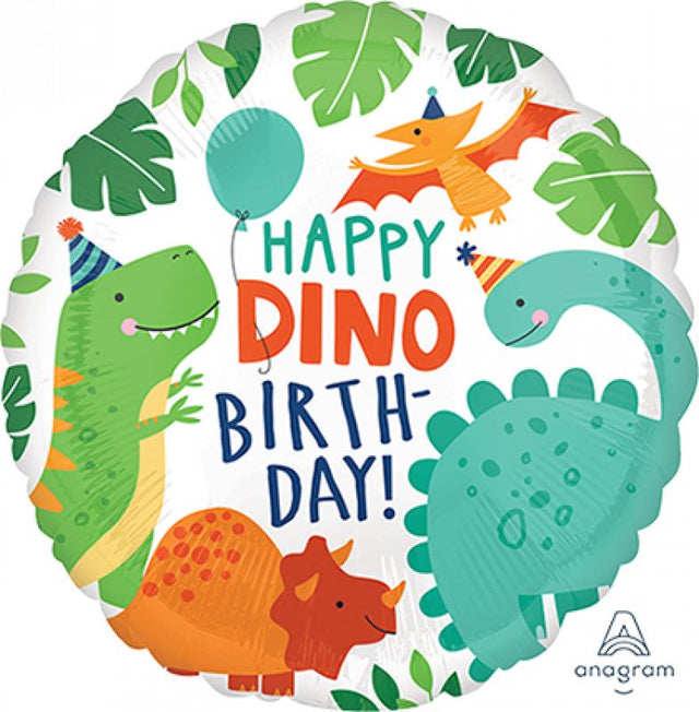 Vibrant 45cm foil balloon featuring cheerful dinosaurs for a fun birthday celebration. Perfect for dinosaur-themed parties!