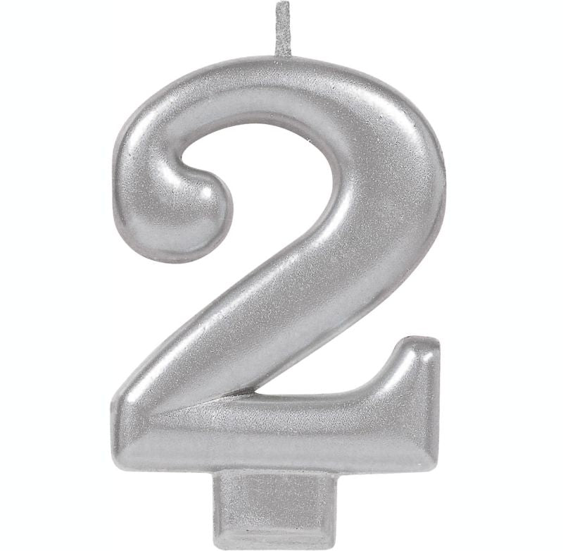 Silver #2 metallic candle, 8cm tall, perfect for birthdays and celebrations, adds elegance and charm to any event.
