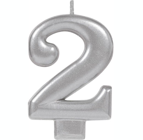 Silver #2 metallic candle, 8cm tall, perfect for birthdays and celebrations, adds elegance and charm to any event.