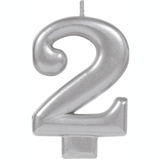 Silver #2 metallic candle, 8cm tall, perfect for birthdays and celebrations, adds elegance and charm to any event.