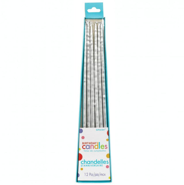 Elegant silver taper candles, 25cm long, ideal for enhancing dining settings and special occasions in a pack of 12.