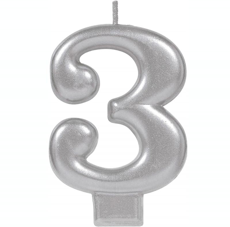 Elegant #3 silver metallic molded candle, 8cm tall, perfect for birthday, anniversary, or special event celebrations.