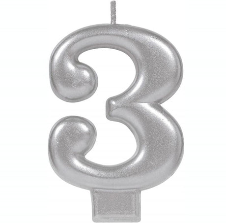 Elegant #3 silver metallic molded candle, 8cm tall, perfect for birthday, anniversary, or special event celebrations.