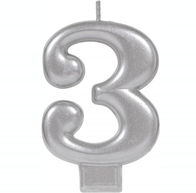 Elegant #3 silver metallic molded candle, 8cm tall, perfect for birthday, anniversary, or special event celebrations.