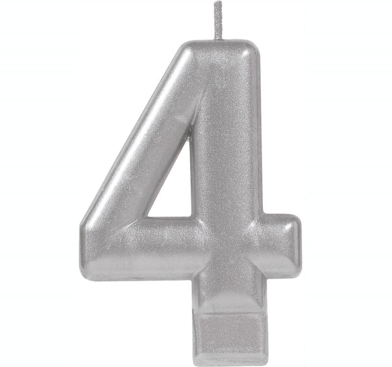 Elegant #4 silver metallic moulded candle, 8cm tall, perfect for birthdays and special celebrations.