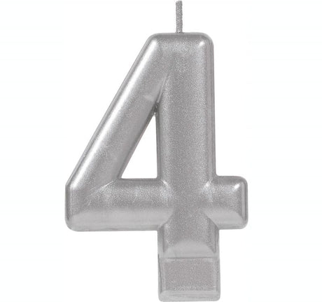 Elegant #4 silver metallic moulded candle, 8cm tall, perfect for birthdays and special celebrations.