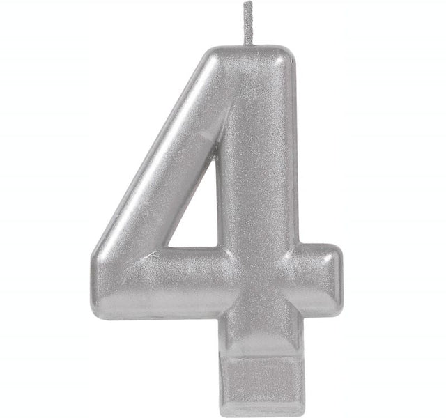Elegant #4 silver metallic moulded candle, 8cm tall, perfect for birthdays and special celebrations.