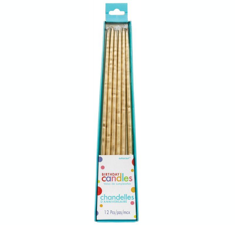 Elegant gold taper candles in a pack of 12, perfect for creating a warm ambiance at any celebration or dinner party.