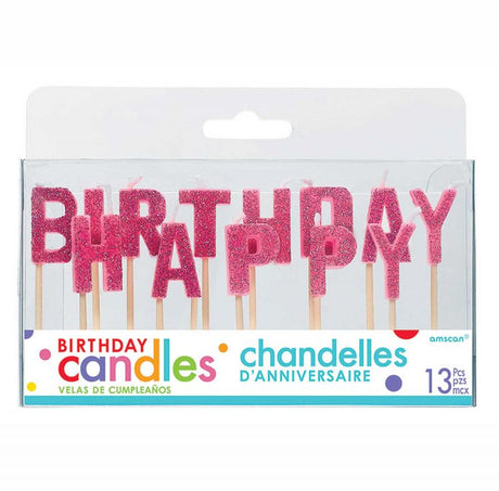 Pink birthday pick candles featuring 2.5cm letters, perfect for celebrating special occasions. Pack of 13.