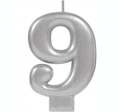 Elegant #9 silver metallic numeral candle, 8cm tall, perfect for birthdays and celebrations.