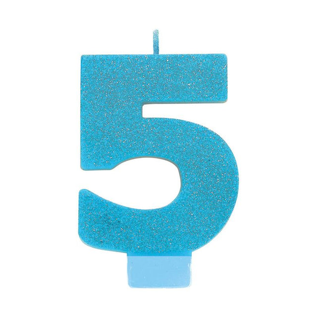 Blue glitter numeral candle in the shape of #5, 8cm tall, perfect for birthdays and celebrations.
