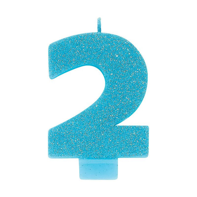 #2 Blue Glitter Numeral Candle, 8cm tall, vibrant blue glitter finish for birthdays and celebrations.