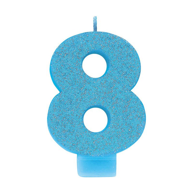 #8 Blue Glitter Numeral Candle, 8cm tall, vibrant blue glitter for festive birthday celebrations and events.