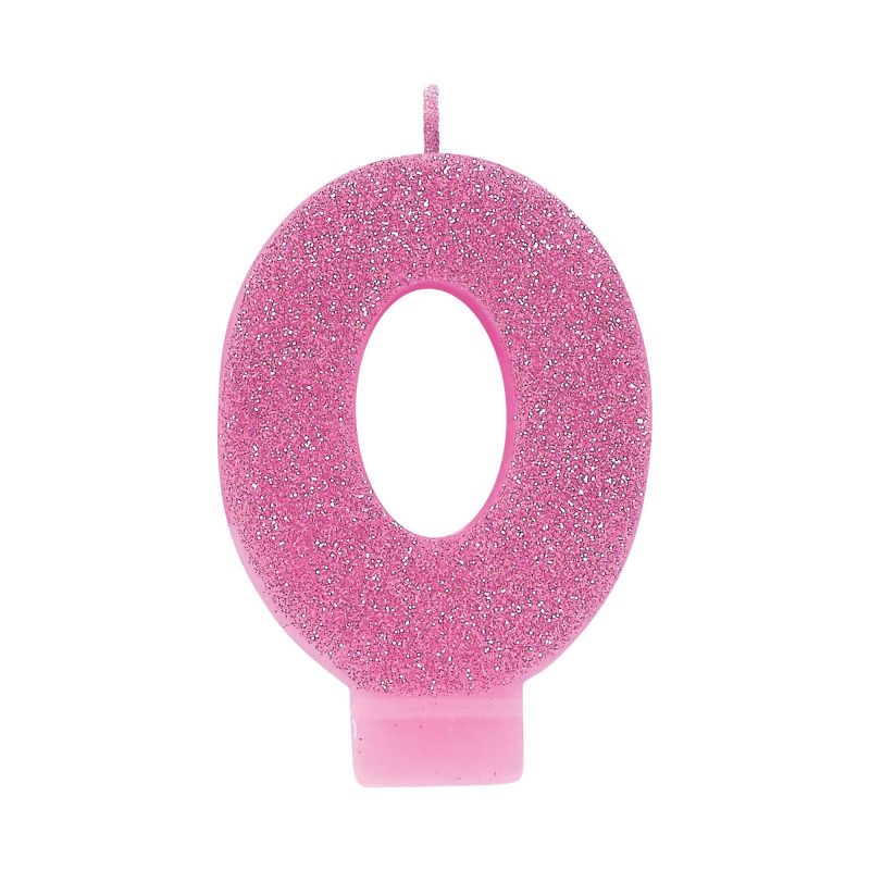 Pink glitter numeral candle number 0, 8cm tall, perfect for birthday cake decorations.