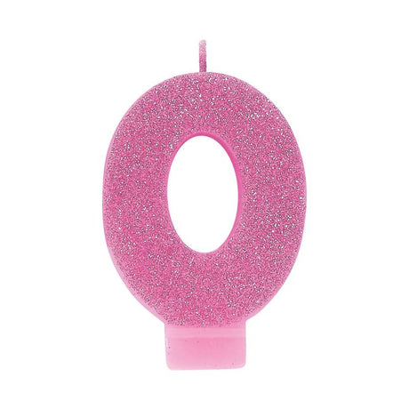 Pink glitter numeral candle number 0, 8cm tall, perfect for birthday cake decorations.